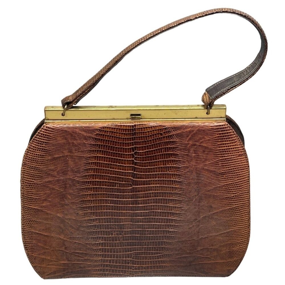 roos atkins Vintage Brown Faux Crocodile Leather Handbag Gold-Tone Metal READ